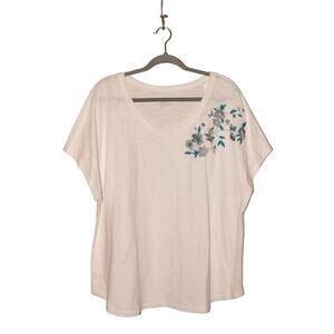 LANE BRYANT‎ NEW $35 White Slub Knit Floral Embroidered  V-Neck Tee Size 18 / 20